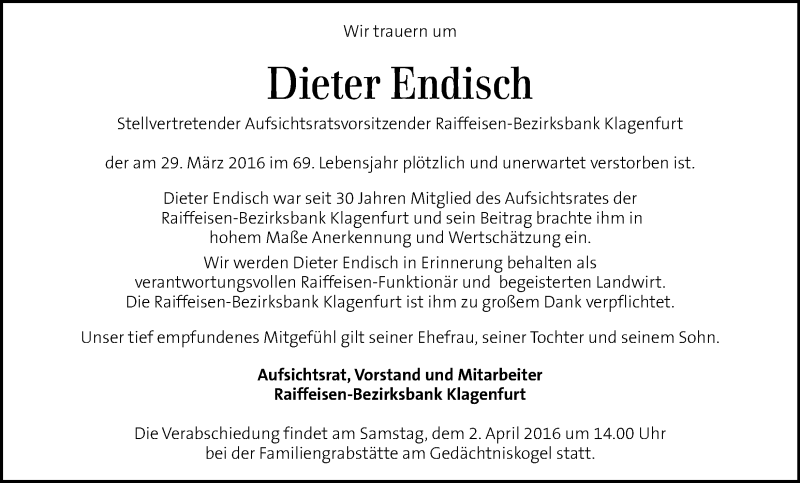  Traueranzeige für Dieter Endisch vom 01.04.2016 aus Kleine Zeitung