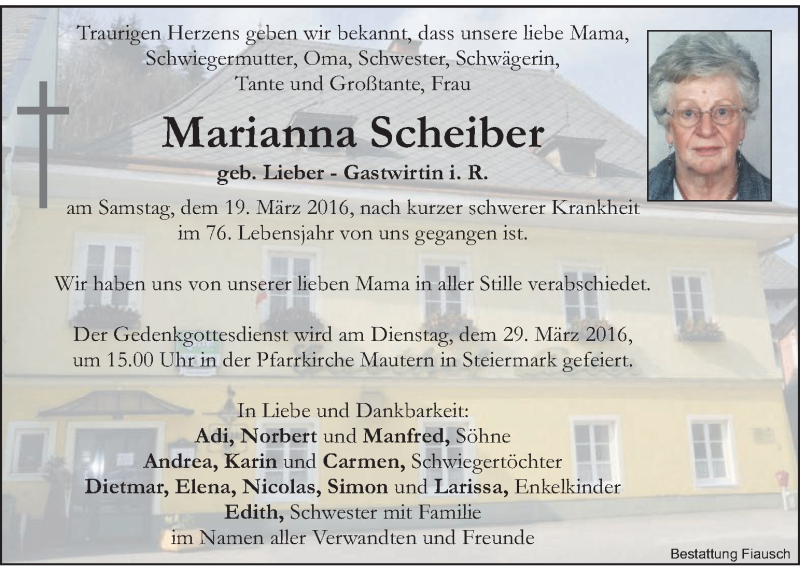  Traueranzeige für Marianne Scheiber vom 26.03.2016 aus Kleine Zeitung