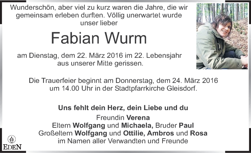  Traueranzeige für Fabian Wurm vom 24.03.2016 aus Kleine Zeitung
