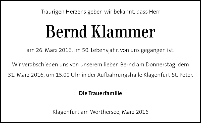  Traueranzeige für Bernd Klammer vom 30.03.2016 aus Kleine Zeitung