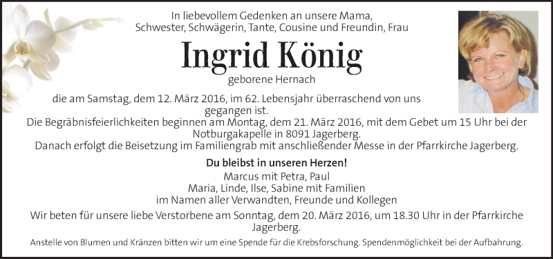  Traueranzeige für Ingrid König vom 18.03.2016 aus Kleine Zeitung