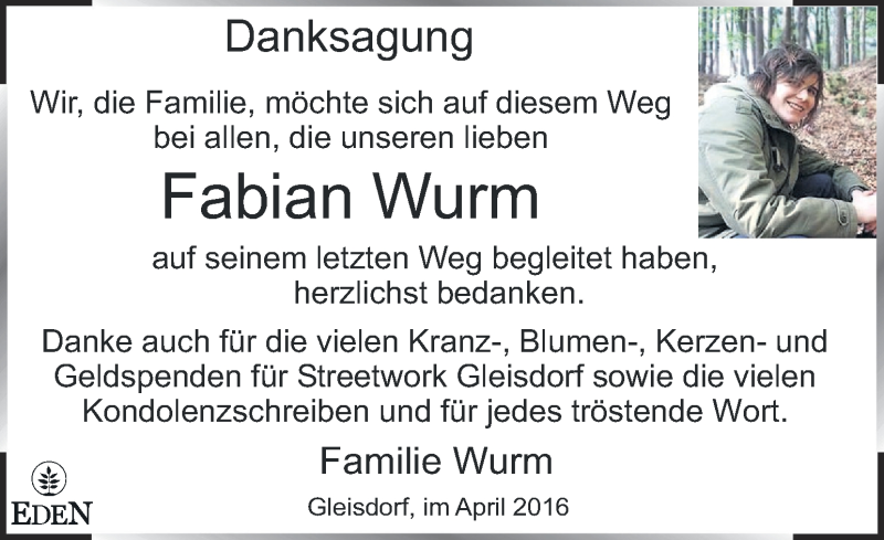  Traueranzeige für Fabian Wurm vom 01.04.2016 aus Kleine Zeitung