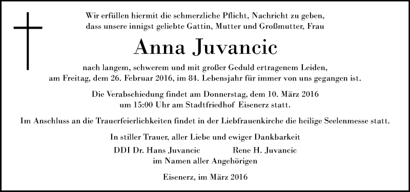  Traueranzeige für Anna Juvancic vom 06.03.2016 aus Kleine Zeitung