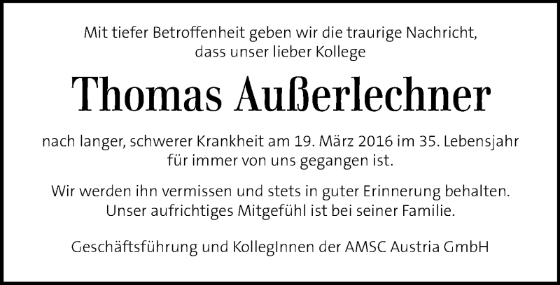  Traueranzeige für Thomas Außerlechner vom 24.03.2016 aus Kleine Zeitung
