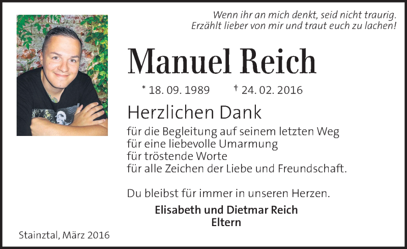  Traueranzeige für Manuel Reich vom 09.03.2016 aus Kleine Zeitung