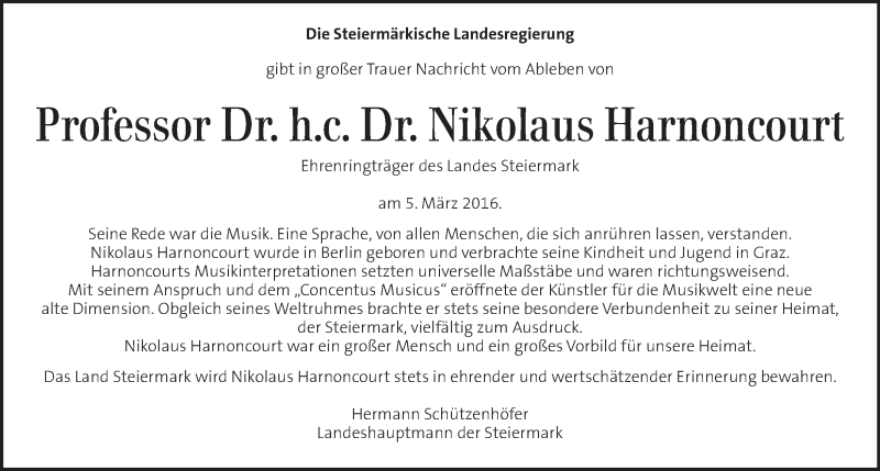  Traueranzeige für Nikolaus Harnoncourt  vom 08.03.2016 aus Kleine Zeitung
