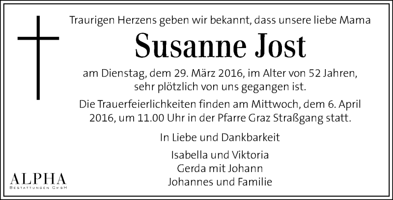  Traueranzeige für Susanne Jost vom 03.04.2016 aus Kleine Zeitung