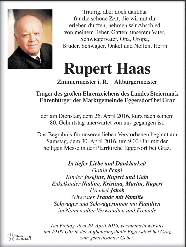  Traueranzeige für Rupert Haas vom 28.04.2016 aus Kleine Zeitung