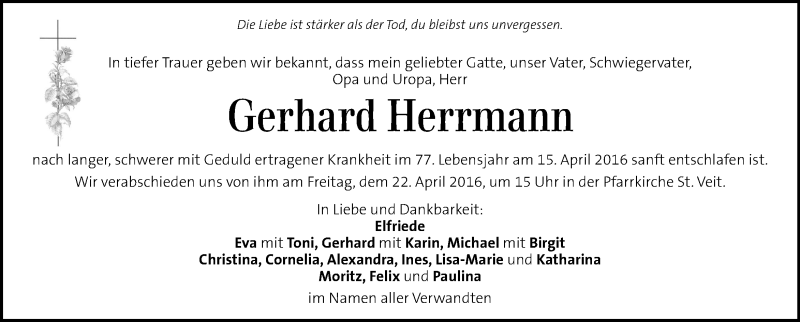  Traueranzeige für Gerhard Herrmann vom 20.04.2016 aus Kleine Zeitung