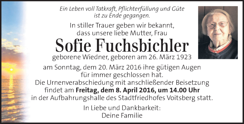  Traueranzeige für Sofie Fuchsbichler vom 07.04.2016 aus Kleine Zeitung