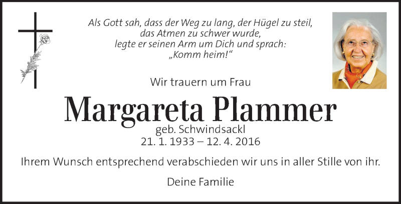  Traueranzeige für Margareta Plammer vom 17.04.2016 aus Kleine Zeitung