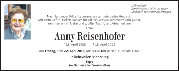 Traueranzeige von Anny Reisenhofer von Kleine Zeitung