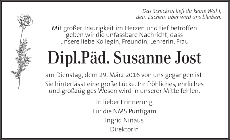  Traueranzeige für Susanne Jost vom 05.04.2016 aus Kleine Zeitung