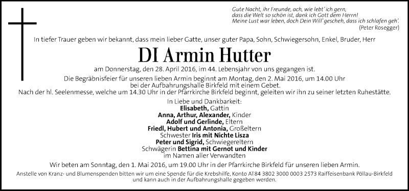  Traueranzeige für Armin Hutter vom 30.04.2016 aus Kleine Zeitung