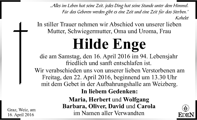  Traueranzeige für Hilde Enge vom 19.04.2016 aus Kleine Zeitung
