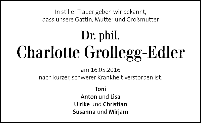  Traueranzeige für Charlotte Grollegg-Edler vom 21.05.2016 aus Kleine Zeitung