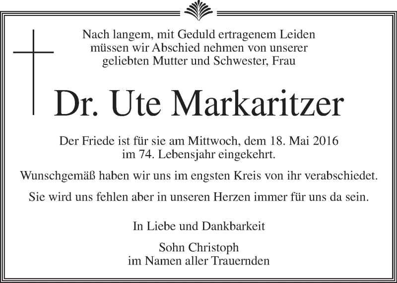  Traueranzeige für Ute Markaritzer vom 24.05.2016 aus Kleine Zeitung