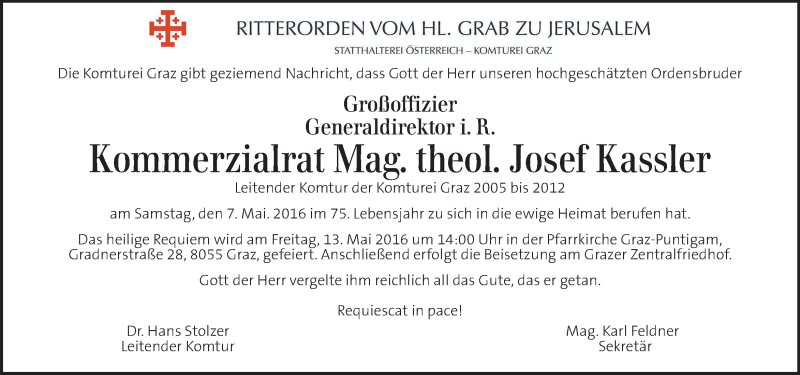  Traueranzeige für Josef Kassler vom 12.05.2016 aus Kleine Zeitung