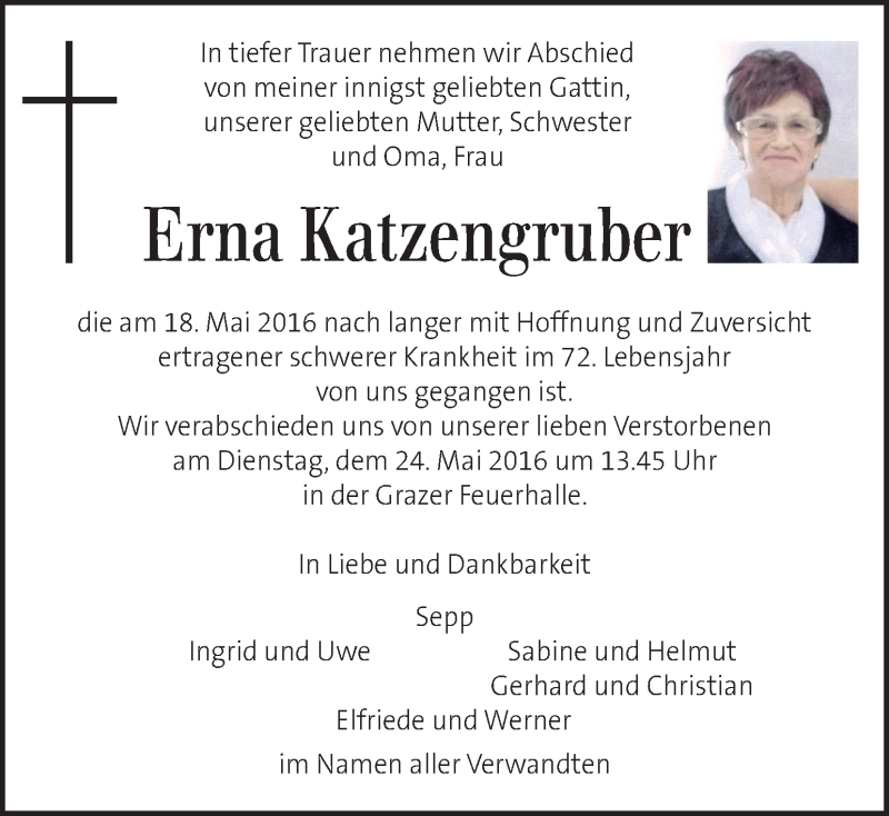  Traueranzeige für Erna Katzengruber vom 20.05.2016 aus Kleine Zeitung