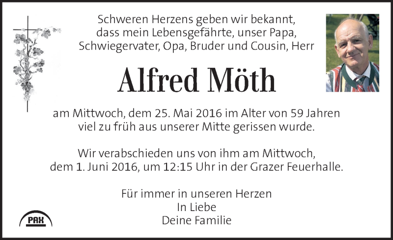  Traueranzeige für Alfred Möth vom 29.05.2016 aus Kleine Zeitung