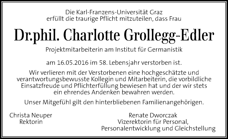  Traueranzeige für Charlotte Grollegg-Edler vom 21.05.2016 aus Kleine Zeitung