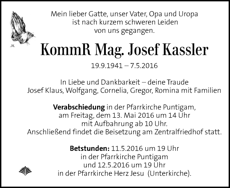  Traueranzeige für Josef Kassler vom 11.05.2016 aus Kleine Zeitung