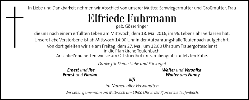  Traueranzeige für Elfriede Fuhrmann vom 25.05.2016 aus Kleine Zeitung