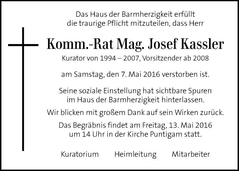  Traueranzeige für Josef Kassler vom 12.05.2016 aus Kleine Zeitung