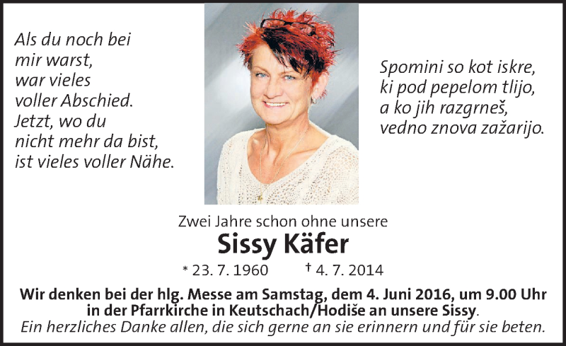  Traueranzeige für Sissy Käfer vom 28.05.2016 aus Kleine Zeitung