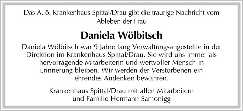 Traueranzeige für Daniela Wölbitsch vom 01.06.2016 aus Kleine Zeitung