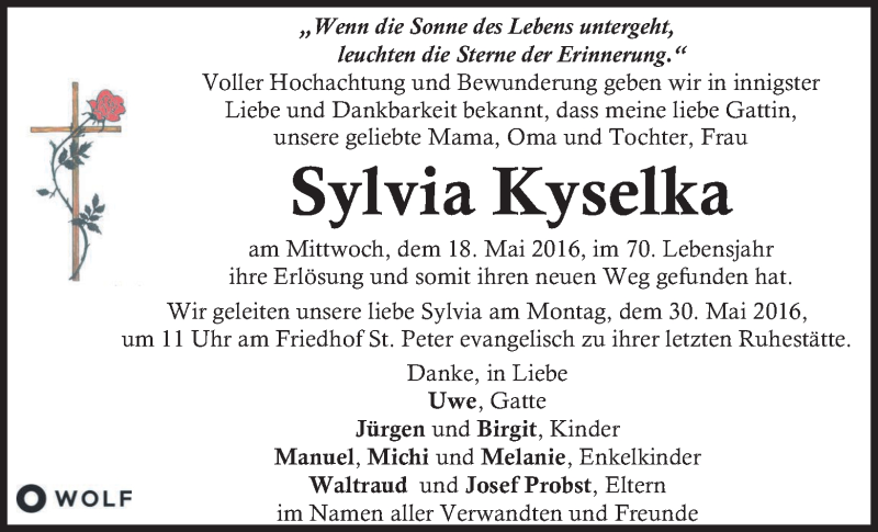  Traueranzeige für Sylvia Kyselka vom 22.05.2016 aus Kleine Zeitung