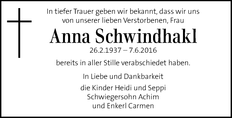  Traueranzeige für Anna Schwindhakl vom 14.06.2016 aus Kleine Zeitung