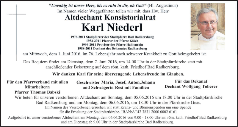  Traueranzeige für Karl Niederl vom 04.06.2016 aus Kleine Zeitung
