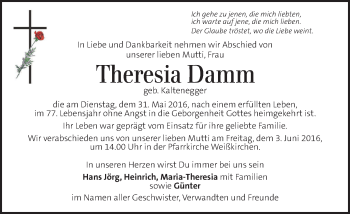 Traueranzeige von Theresia Damm von Kleine Zeitung