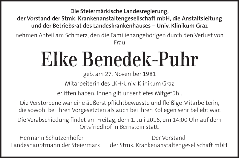  Traueranzeige für Elke Benedek-Puhr vom 30.06.2016 aus Kleine Zeitung