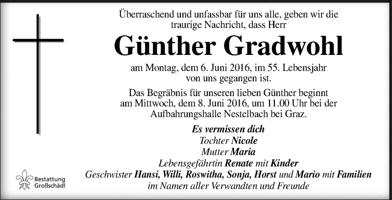  Traueranzeige für Günther Gradwohl vom 07.06.2016 aus Kleine Zeitung