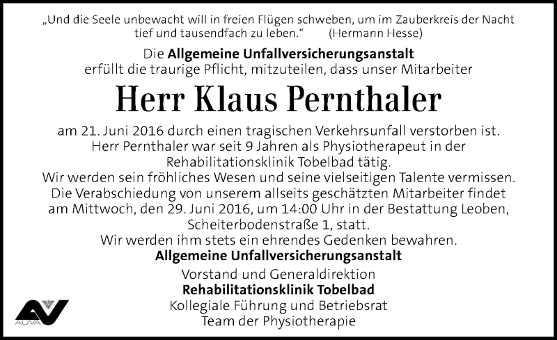  Traueranzeige für Klaus Pernthaler vom 28.06.2016 aus Kleine Zeitung