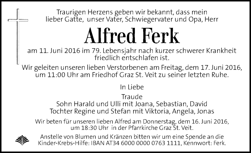  Traueranzeige für Alfred Ferk vom 15.06.2016 aus Kleine Zeitung