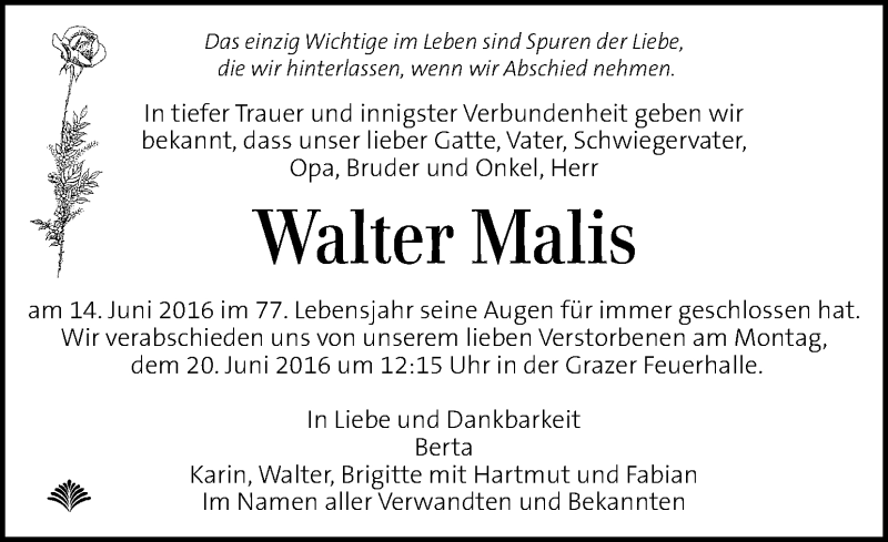  Traueranzeige für Walter Malis vom 17.06.2016 aus Kleine Zeitung