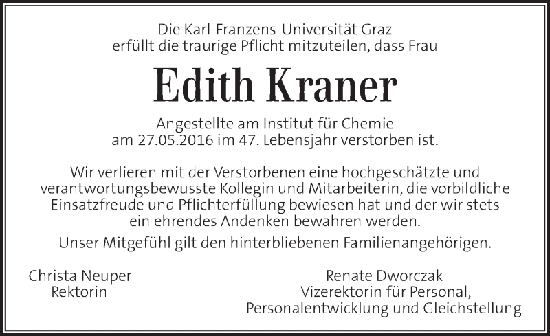  Traueranzeige für Edith Kraner vom 03.06.2016 aus Kleine Zeitung