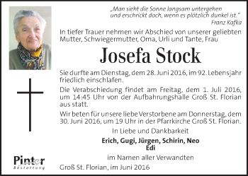 Traueranzeige von Josefa Stock von Kleine Zeitung