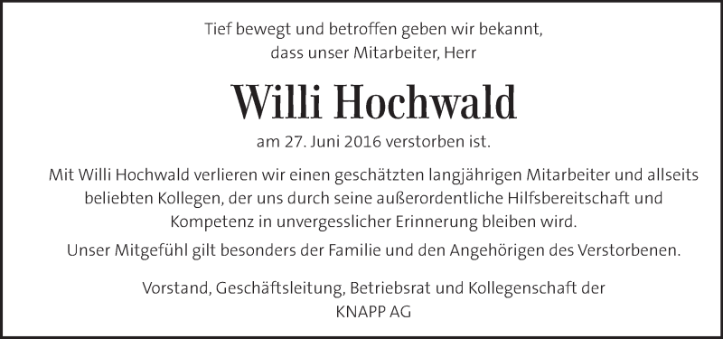  Traueranzeige für Willi Hochwald vom 30.06.2016 aus Kleine Zeitung
