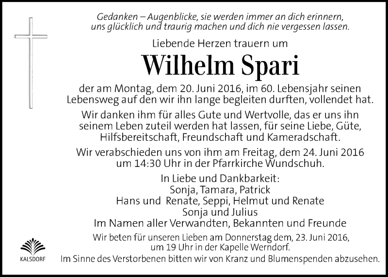 Traueranzeige für Wilhelm Spari vom 22.06.2016 aus Kleine Zeitung