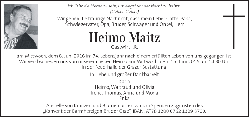  Traueranzeige für Heimo Maitz vom 12.06.2016 aus Kleine Zeitung