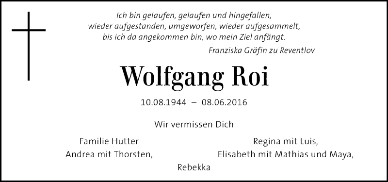  Traueranzeige für Wolfgang Roi vom 12.06.2016 aus Kleine Zeitung