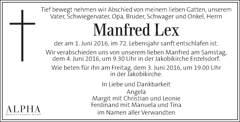  Traueranzeige für Manfred Lex vom 02.06.2016 aus Kleine Zeitung