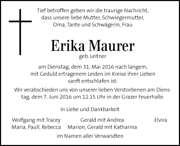 Traueranzeige von Erika Maurer von Kleine Zeitung
