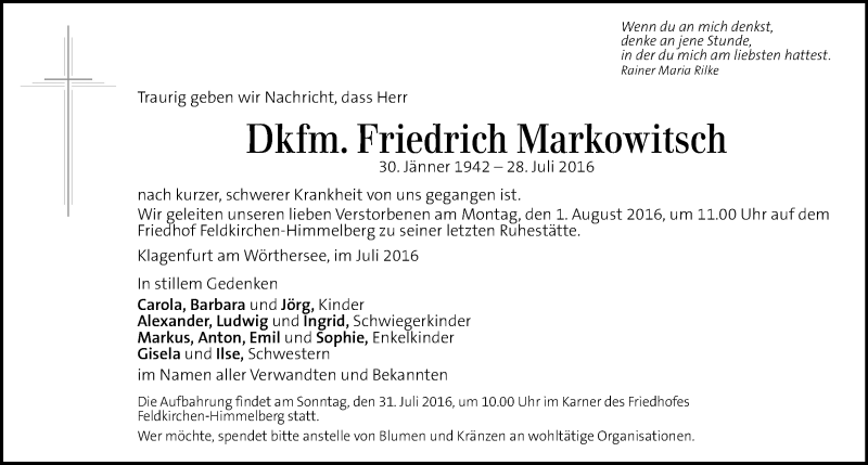  Traueranzeige für Friedrich Markowitsch vom 30.07.2016 aus Kleine Zeitung
