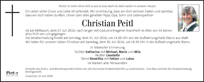  Traueranzeige für Christian Peitl vom 29.07.2016 aus Kleine Zeitung
