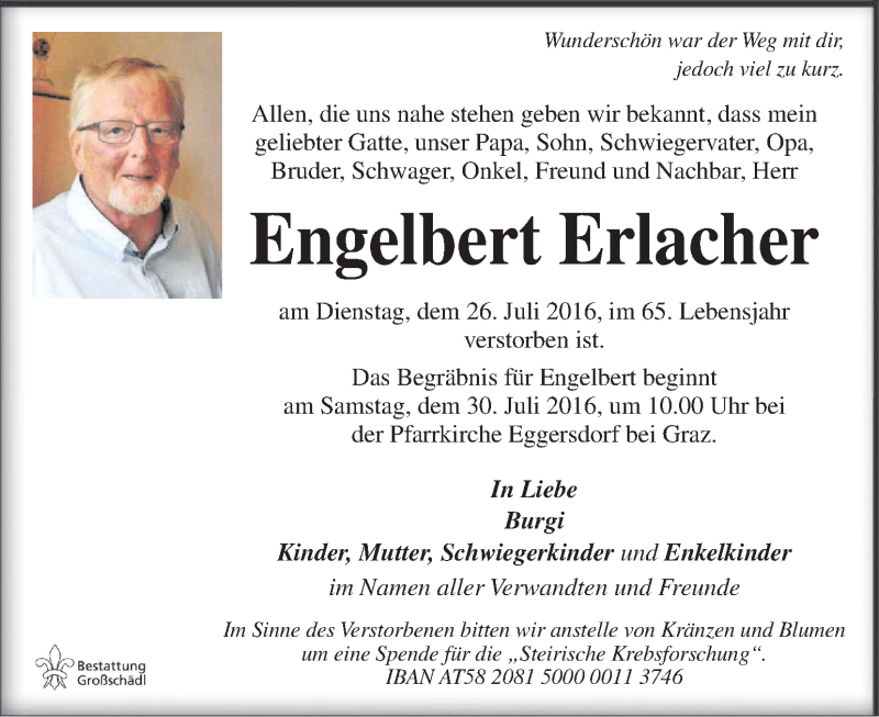  Traueranzeige für Engelbert Erlacher vom 27.07.2016 aus Kleine Zeitung